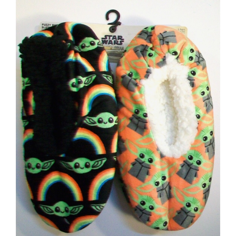 New 2 Pair Women's Star Wars The Mandalorian Grogu Fuzzy Baba Slippers, Sz 7-9.5